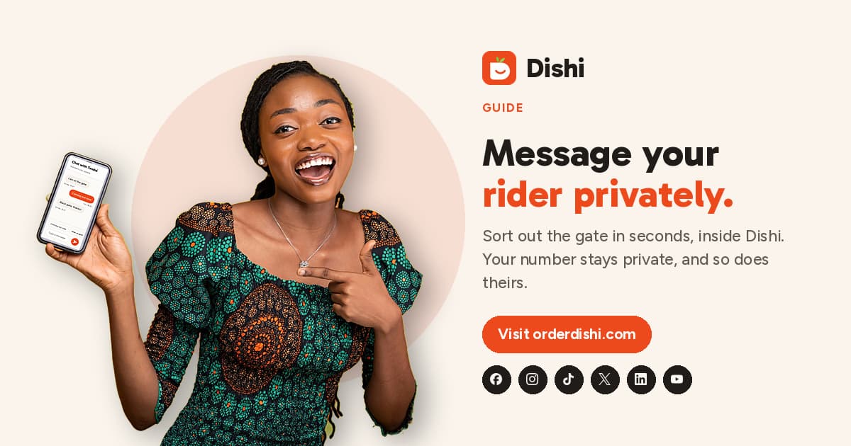 Happy woman pointing at a phone showing a private chat with her Dishi delivery rider, guide to messaging your rider in Zimbabwe