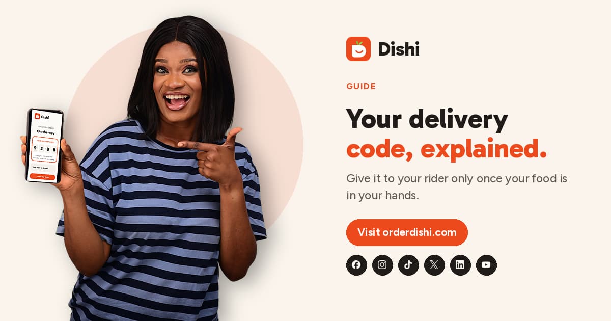 Smiling woman pointing at a phone showing her 4-digit Dishi delivery code, guide to safe food delivery handover in Zimbabwe